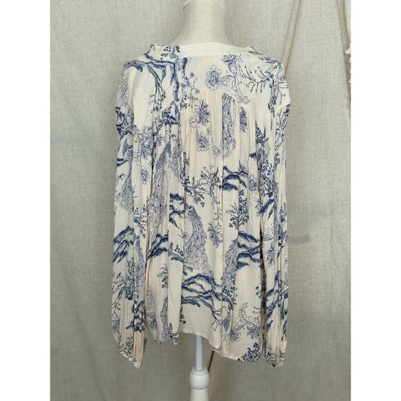 Free People Oversized Metallic Blooms Cream Blue Floral Blouse Size XS - Picture 6 of 9